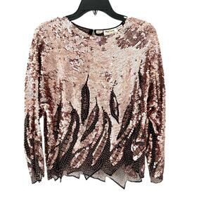 Vintage Oleg Cassini Pink Black Sequin Beaded Blouse zig Zag Hem size small